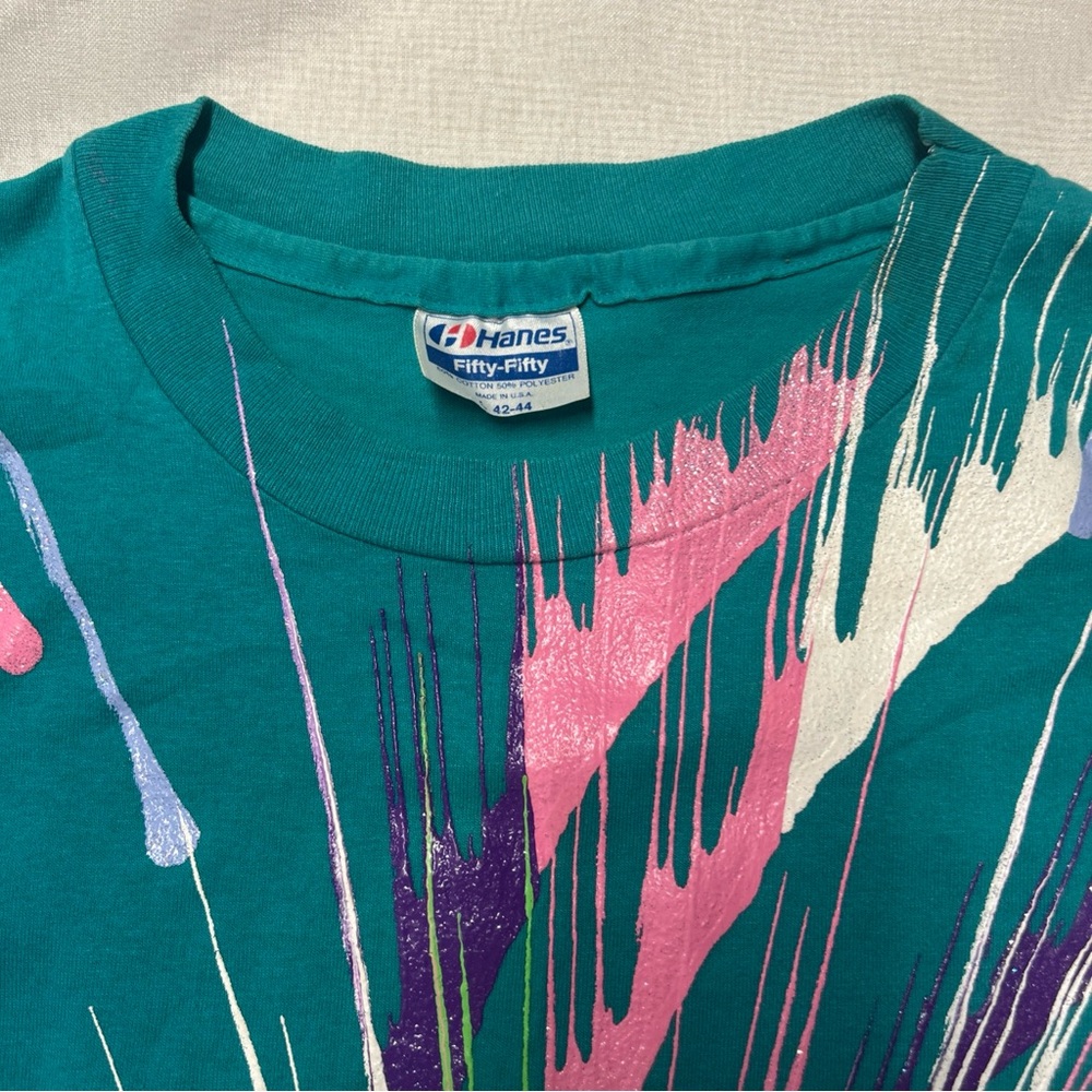 Vtg Abstract Sparkle Paint Art T-Shirt Hanes USA Fifty Fifty Single Stitch Grail - Picture 2 of 7